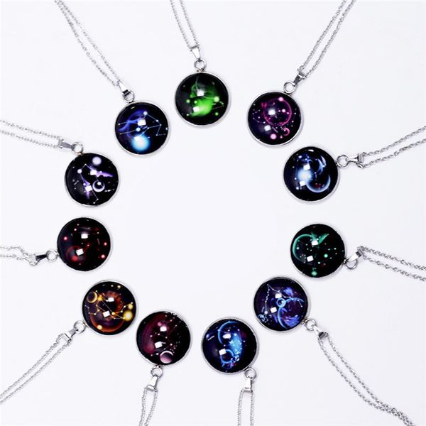 

12 zodiac sign twelve constellations necklace leo pendant necklace lion symbol jewelry dome zodiac fashion jewelry, Silver