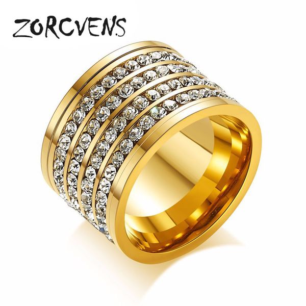 

zorcvens 2020 new brand 4 row crystal rhinestone gold-color stainless steel couple wedding rings for men and women, Golden;silver