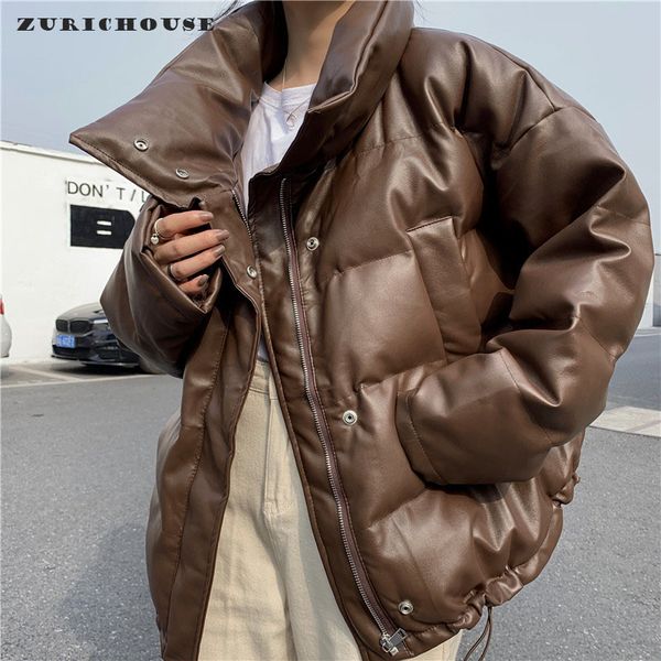 

zurichouse pu leather parka women thick warm faux leather puffer coat 2020 harajuku style oversized winter jacket woman, Black;white