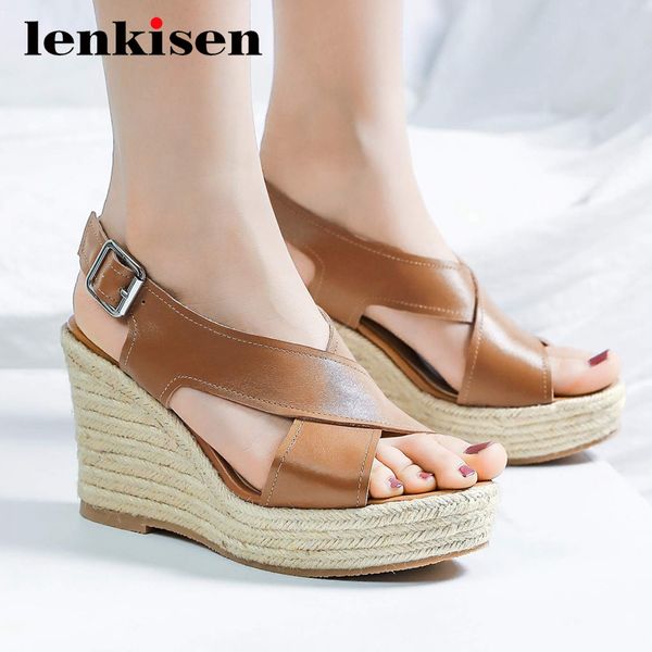

lenkisen new leisure straw thick bottom peep toe high heel women shoes waterproof buckle straps summer sandals l6f4, Black