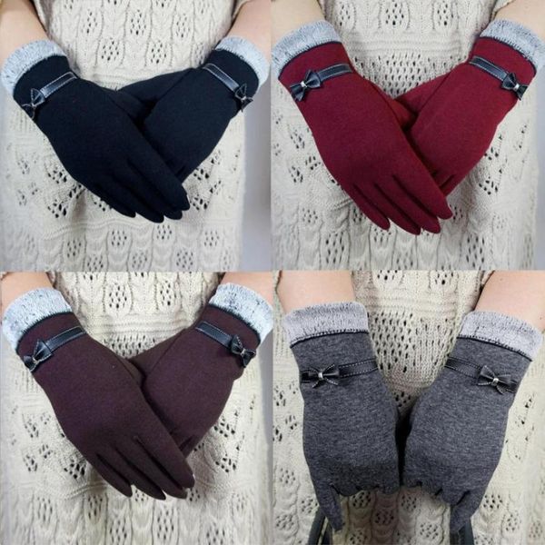 

five fingers gloves beautiful women winter warm bow fur with velvet driving full finger touch screen floral decoration mittens, Blue;gray
