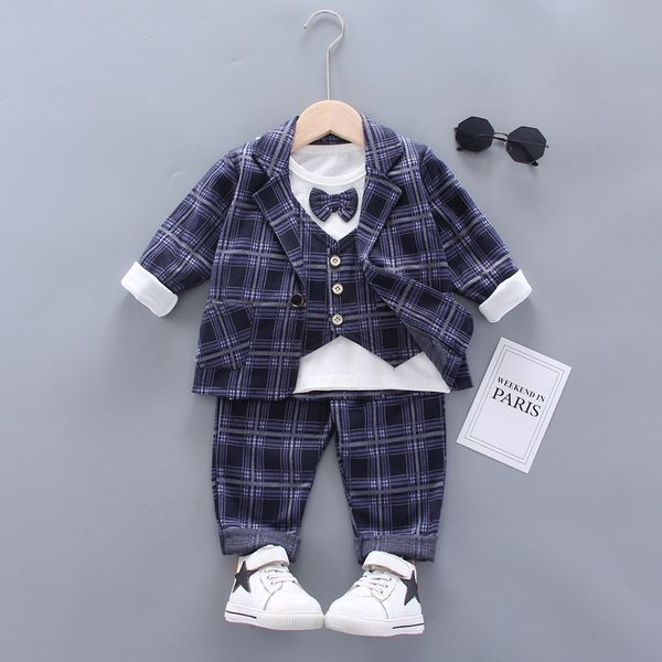 

fashion 2021 3-piece handsome men suit children suit with bow spring and autumn boys jacket vest pant plaid suit2526, Black;gray