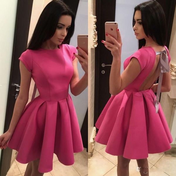 

Cute Backless Homecoming Dress With Bow Knot Cap Sleeve Scoop Neck Mini Short Prom Cocktail Party Dress Custom Made