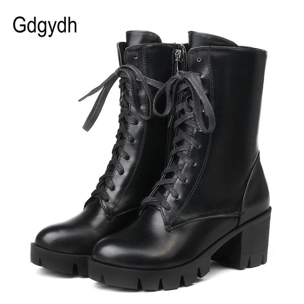

boots gdgydh 2021 women ankle high heels female motorcycle lacing round toe rubber sole platform heel ladies party, Black