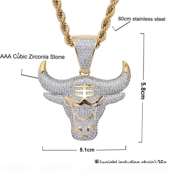 

micro paved cubic zircon bull head pendant necklace two tone plated men iced out hip hop jewelry gift, Silver