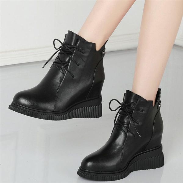 

boots 2021 women lace up cow leather wedges high heel ankle female round toe platform pumps shoes fashion sneakers casual, Black