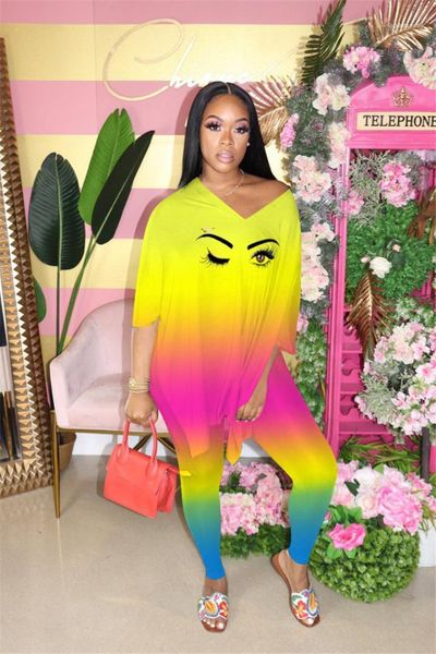 

fashion smiley printed female set vneck casual loose trousers womens clothing gradient womens designer two piece pants, White