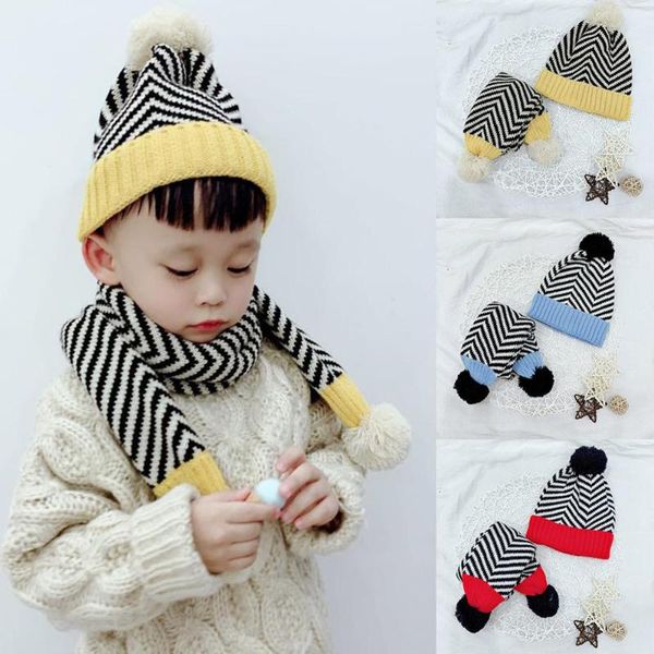 

baby hat 2020 new girls boys winter warm knitted stripe cap+scarf keep warm set newborn pgraphy props 48-52cm 1-5y, Yellow
