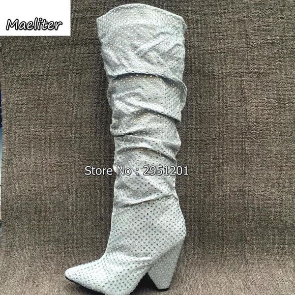 

luxury crystal women pointy toe knee high boots chunky heel boots ladies knight glitter diamond bling, Black
