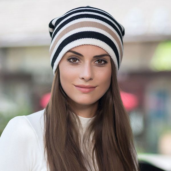 

women hat women knit beanie wool stripe slouchy autumn warm thick double layers snow skiing outdoor accessory female luxury, Blue;gray