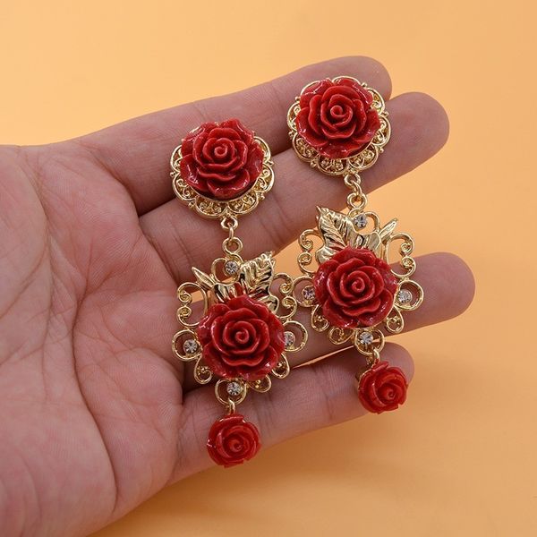 

baroque court style women long drop earrings vintage red white flower dangle earrings exaggerated jewerly for show party, Silver