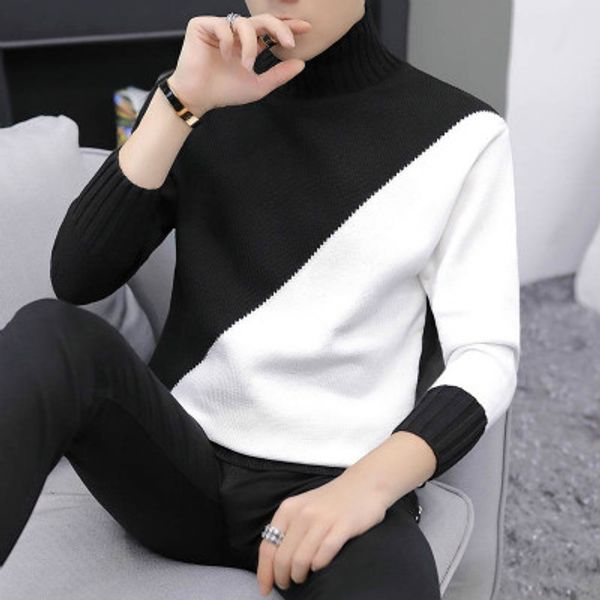 

mens sweaters casual warm half turtleneck sweater men knitted patchwork sweaters men korean fashion pullover asian size uczn#, White;black