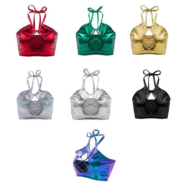 

women metallic holographic crop keyhole cutout halter lace-up cami vest q6pb, White