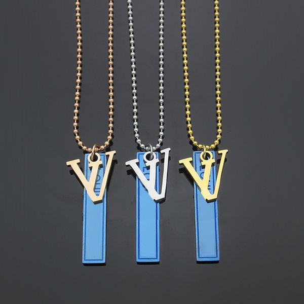 

wholesale v letter blue tag round bead chain necklace lovers men and women medium length intermediate color necklace, Silver