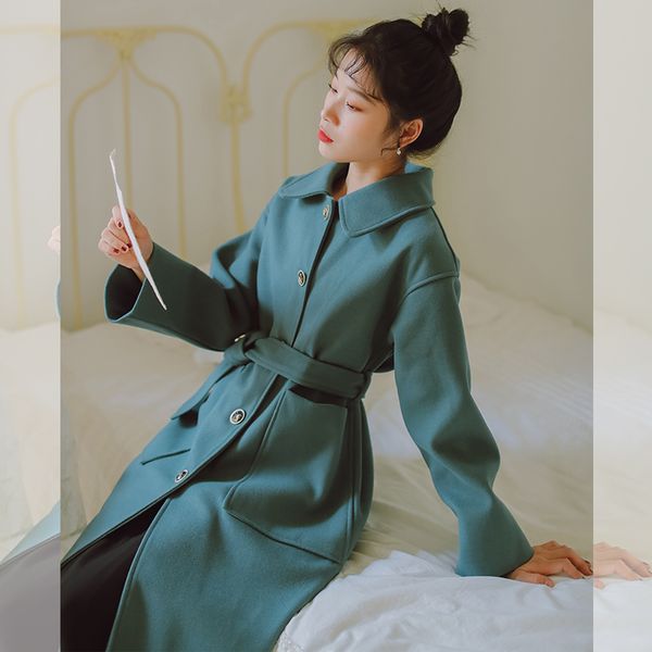 

autumn and winter new adjust waist woolen coat 2020 harajuku simple loose wool overcoat single breasted lapel women outerwear, Black