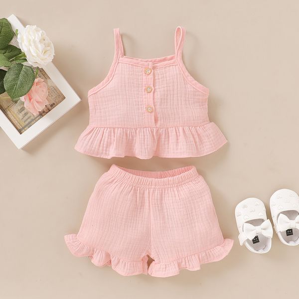 

infant baby girls sleeveless solid ruffle vest +shorts outfits set, Pink;blue