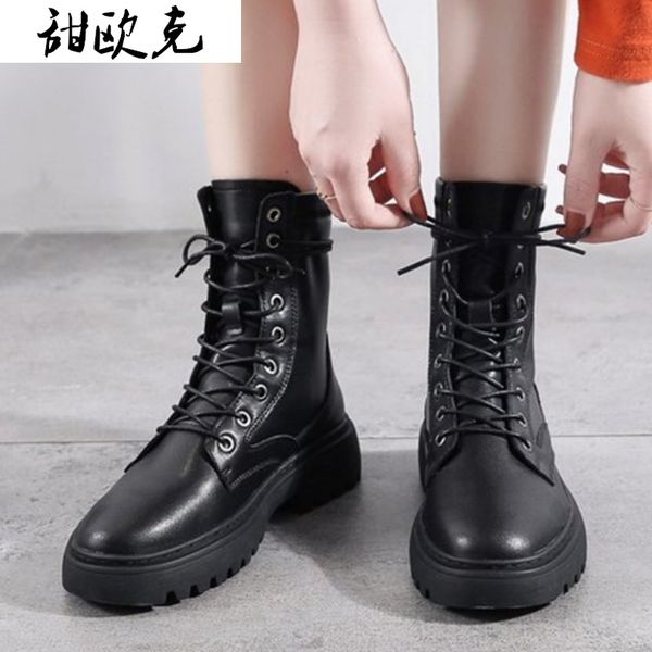 

2020 fashion women boots leather motorcycle boots women winter round head square heel mid-calf botas mujer, Black