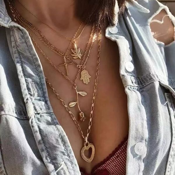 

fashion women punk peach heart cross triangle leaf portrait pendant multilayer clavicle chain beach necklaces jewelry gifts, Silver