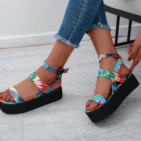 

women's sandals colorful flat platform summer print ladies ankle buckle strap sandalias mujer shoes female casual stock, Black