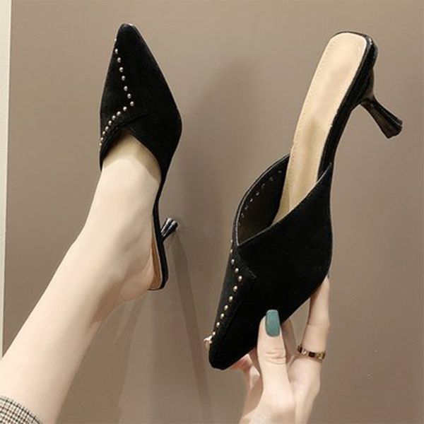 

2020 women thin shoes footwear women's pointed heels slippers woman flock female spring women's toe elegant slides, Black