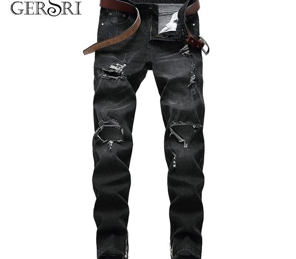 

gersri ripped jeans for men fashion designer style ankle straight skinny fit cotton comfortable plus size male pants, Blue