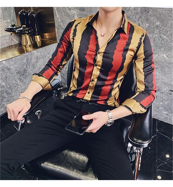 

long sleeved lapel neck shirts fashion mens shirts striped printed shirts men casual slim cool button, White;black