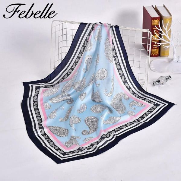 

febelle women silk scarf print paisley foulard satin square shawls bandana scarves 70*70cm, Blue;gray