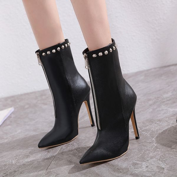 

punk rivet boots ladies stiletto high heels knight riding booties winter mid-calf chaussures women boots snow shoe, Black