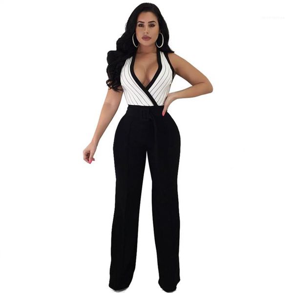 

waist jumpsuits woman summer sleeveless v-neck wide leg jumpsuit woman ol high fashion rompers womens striped high, Black;white