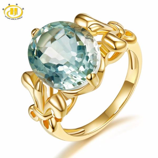 

hutang 4.49ct natural amethyst women's ring 925 sterling silver rings yellow gold plated green gemstone fine elegant jewelry new, Golden;silver
