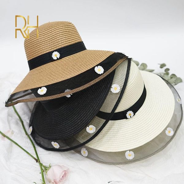 

style summer large brim straw hat for women girls fashion sun floral hat uv protect big summer beach folding rh, Blue;gray