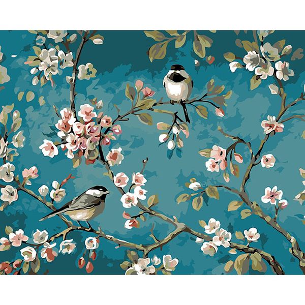 

flower painting 16x20'' frameless diy oil canvas painting- paint by numbers kit- magpie on the branches