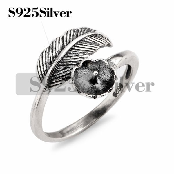 

5 pieces vintage design feather ring findings 925 sterling silver diy jewelry making ring blank base, Slivery;crystal