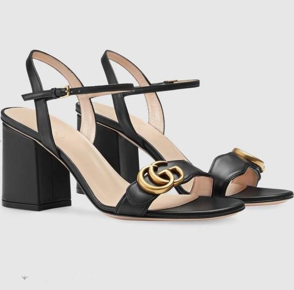 

branded women leather 7.5cm high heel sandal designer lady gold-toned hardware adjustable ankle strap rubber sole casual sandal with box, Black