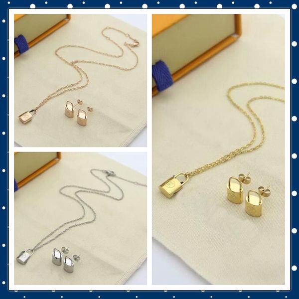 

europe america fashion jewelry sets lady women charity version engraved v initials lock 18k gold necklace bracelet 3 color, Silver