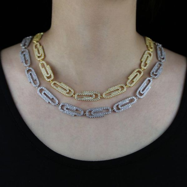 

2020 iced out micro pave cz paper clip chain hiphop bling unique safety pin link chain unique design women necklace, Silver