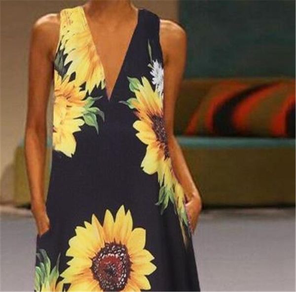 

dresses plus size woman clothing summer women designer casual dresses sunflower printed deep v neck sleeveless female, Black;gray
