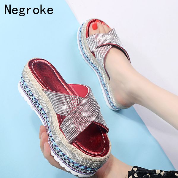 

new summer women crystal slippers glitter flat bling female candy color flip flops outdoor ladies slides beach platform shoes, Black