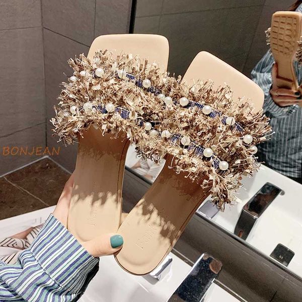 

summer women slippers lovely pearl flip flop ladies outdoor soft bottom beach shoes designer tassels open toed slip on slippers, Black