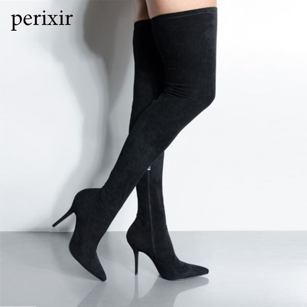 

boots perixir fashion suede thigh high over the knee for women shoes 10cm super thin heels stiletto femme, Black