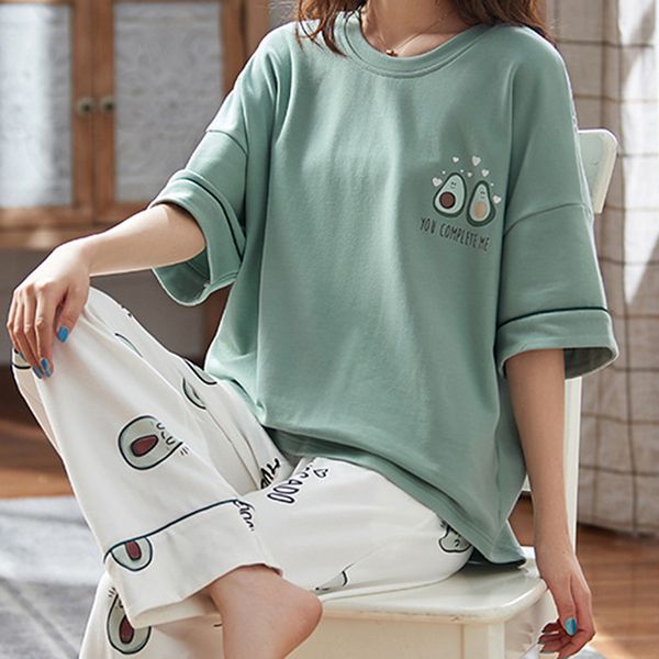 

fashion 2 pieces sets cute pajamas women pijamas short sleeved round neck sleepwear elastic trousers homewear clothes, Black;blue