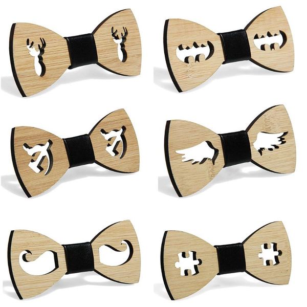 

men boys hollow bat deer handmade bamboo wooden bow tie faux leather knot center adjustable business wedding party necktie, Blue;purple