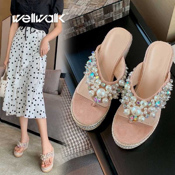 

pearl strap wedge flip flops women heels slippers round toe summer shoes female fashion slides high heel slipper woman, Black