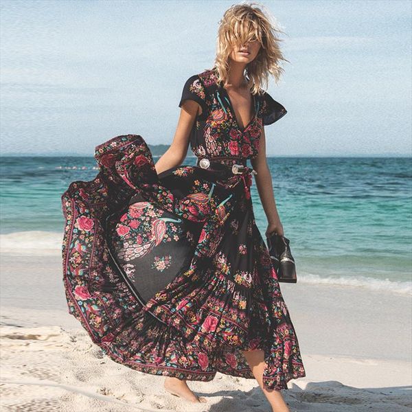 

2020 new women summer boho beach maxi dress v neck vintage print long dresses casual sundress dress vestidos, Black;gray
