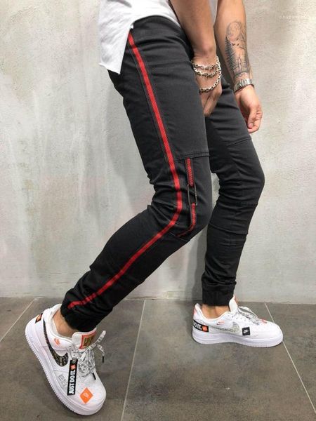 

mens clothes black red striped pencil pants slim fit hiphop harajuku trousers spring summer jeans, Blue
