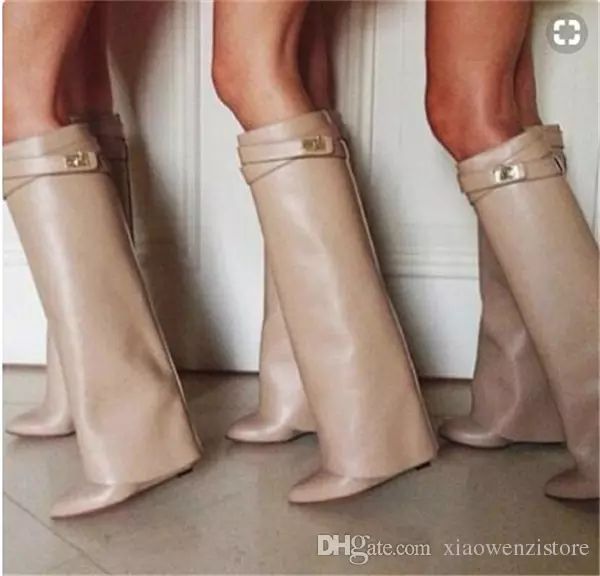 

fashion winter pointed toes double wedge knight women shoes leather knee high metal lock motorcycle bootie, Black