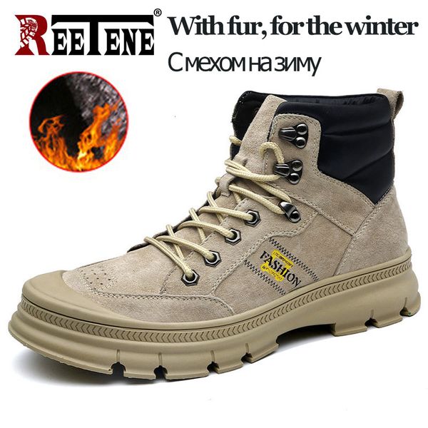 

boots reetene men brand combat shoes fashion outdoor winter casual male sneakers fur warm footwear, Black