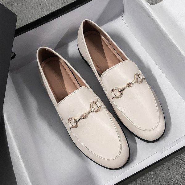 

plus size 44 women loafers beige black soft pu leather round toe flats female casual office slip-on chain driving moccasins f004