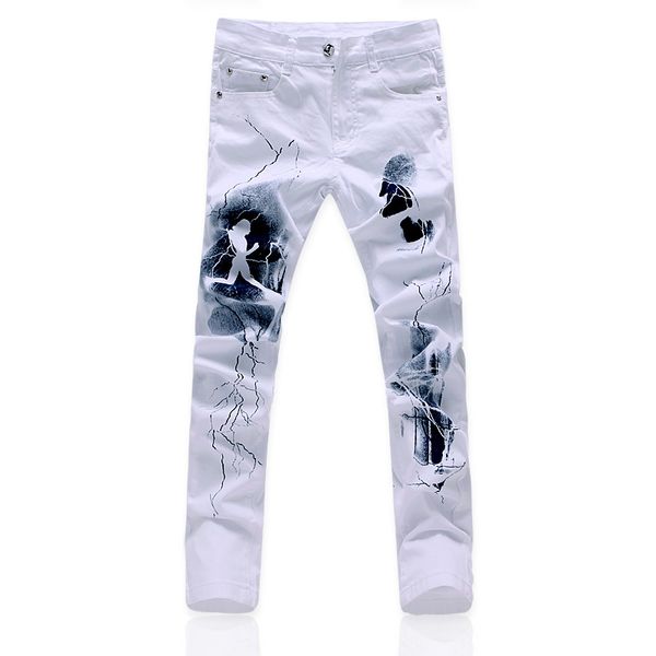 

2020 mens white print skinny jeans slim fit straight distressed denim pants party hip hop fashion gifts trouser for men k35, Blue