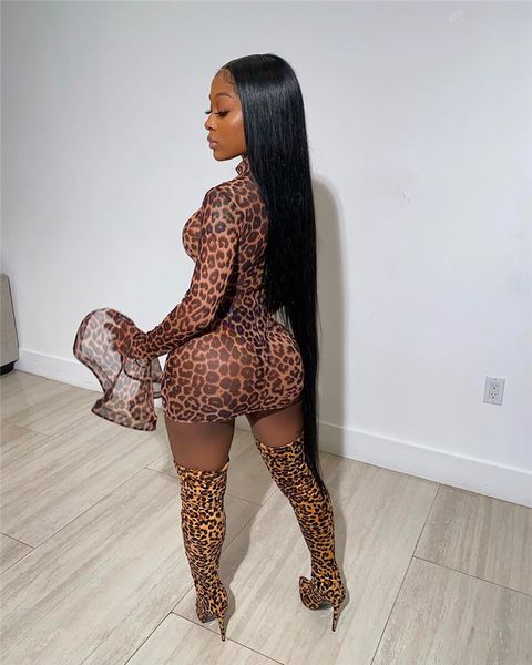 

fashion women dress leopard print grenadine see through dresses long mandarin sleeve turtleneck one-piece skirt spring autumn bodycon dress, White